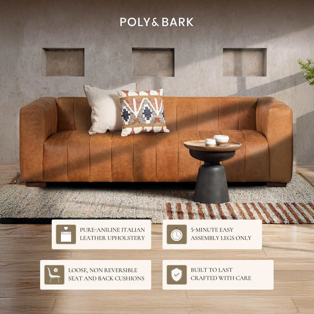 Canale Sofa - 86" Channel-Tufted Italian Leather Couch - Cognac Tan Full-Grain Pure-Aniline or Semi-Aniline Leather
