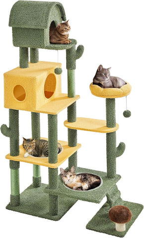 68.5in Tall Cactus Cat Tree, Multi-Level Tower with 2 Large Condos, Scratching Posts, 2 Acrylic Clear Bowls