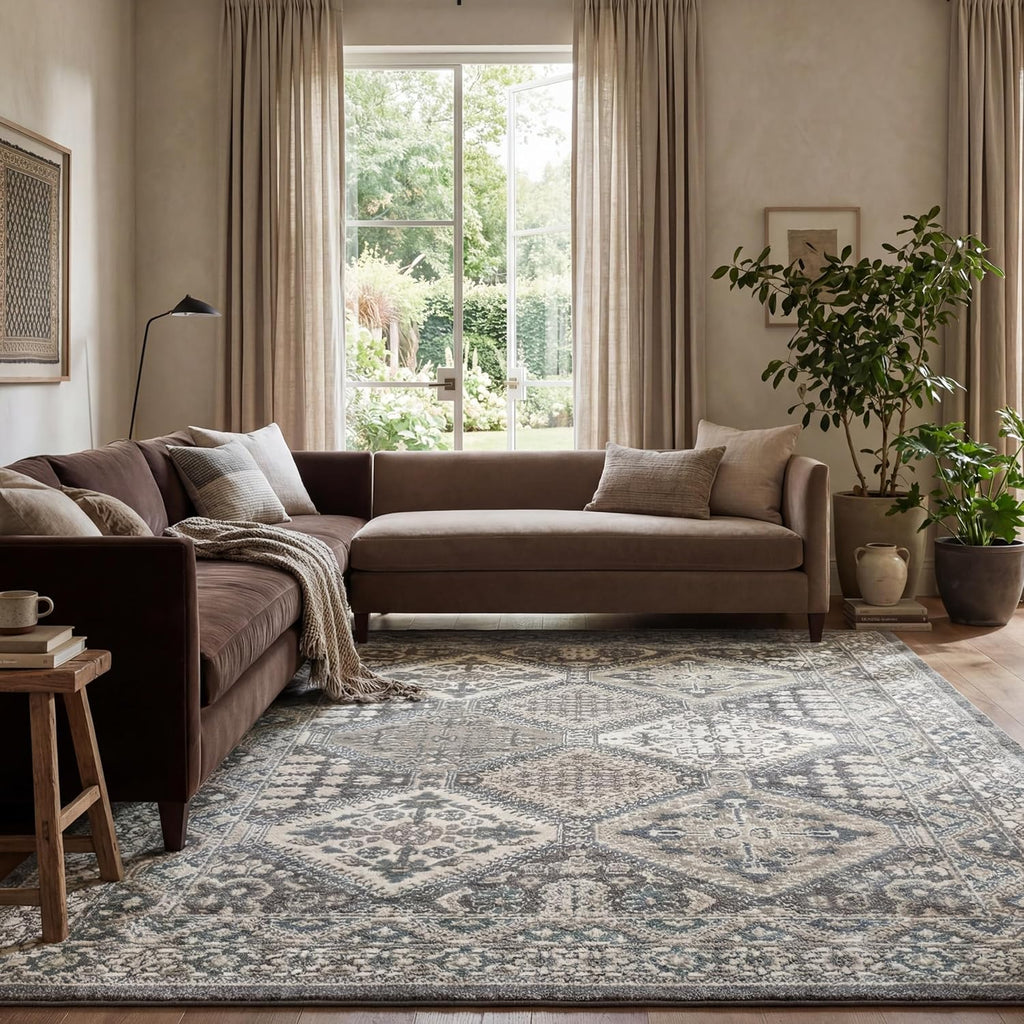 12' x 15' Becca Traditional Tiled Area Rug, Charcoal, Faded Transitional Design, Stain Resistant