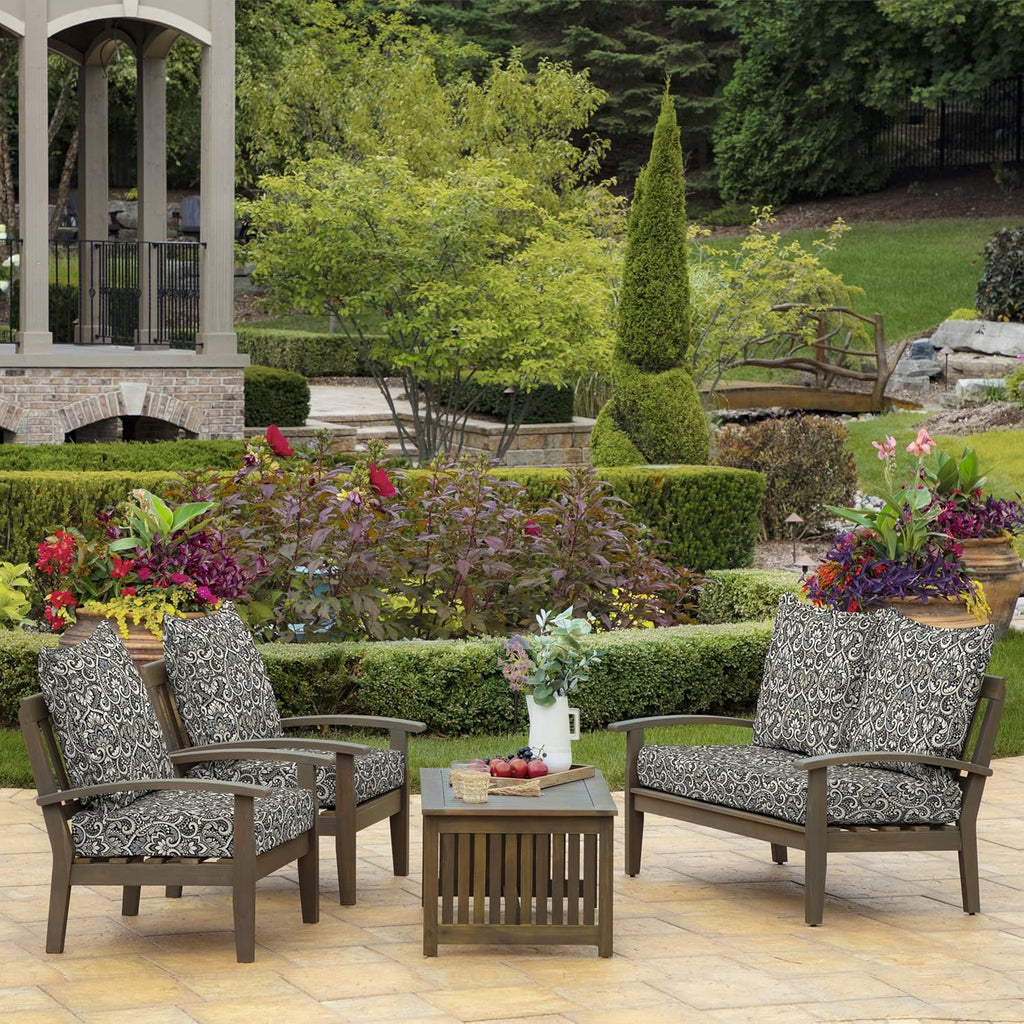 Outdoor Deep Seat Cushion Set, Foam, 22x24, Black Damask | Sofa, Couch, Conversation Set, Premium High-Density Foam