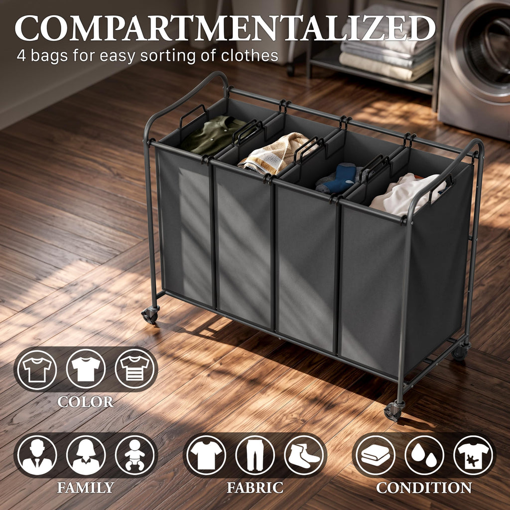 4-Bag Heavy Duty Laundry Sorter Rolling Cart, Dark Grey