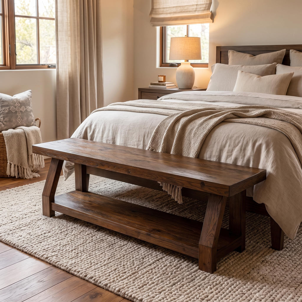 63" Solid Wood Bench, 2-Tier Entryway Bench with Shoe Storage, Rustic Hallway Accent Benches, Mudroom, Easy
