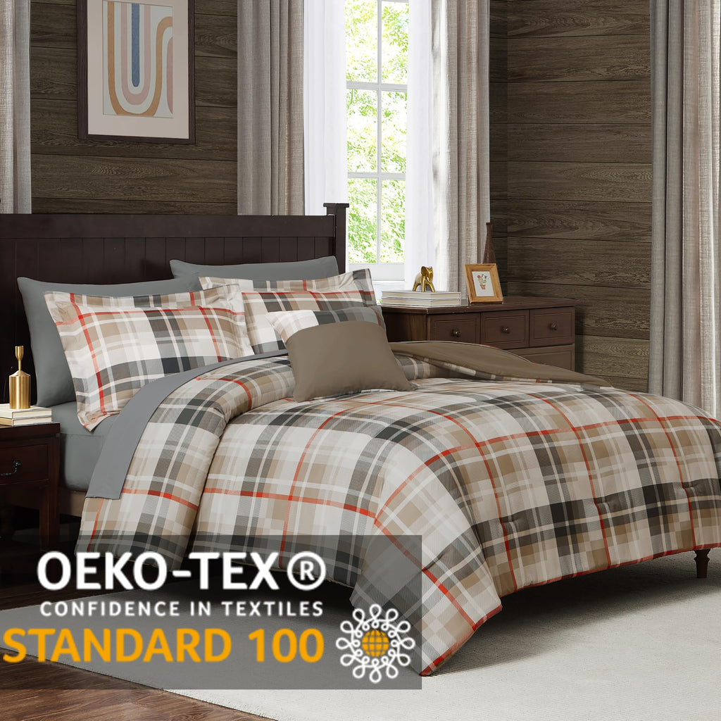 Plaid Comforter Set Khaki 7 Pieces Farmhouse Bed in a Bag