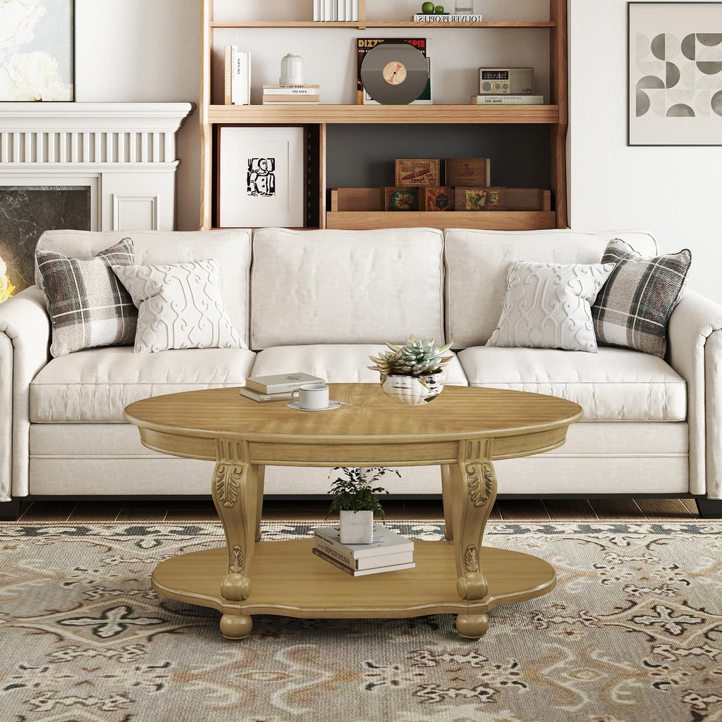 Round Coffee Table, 42" Oval Coffee Table with Storage, Victorian Center Table with Carved Legs, 2-Tier Cocktail