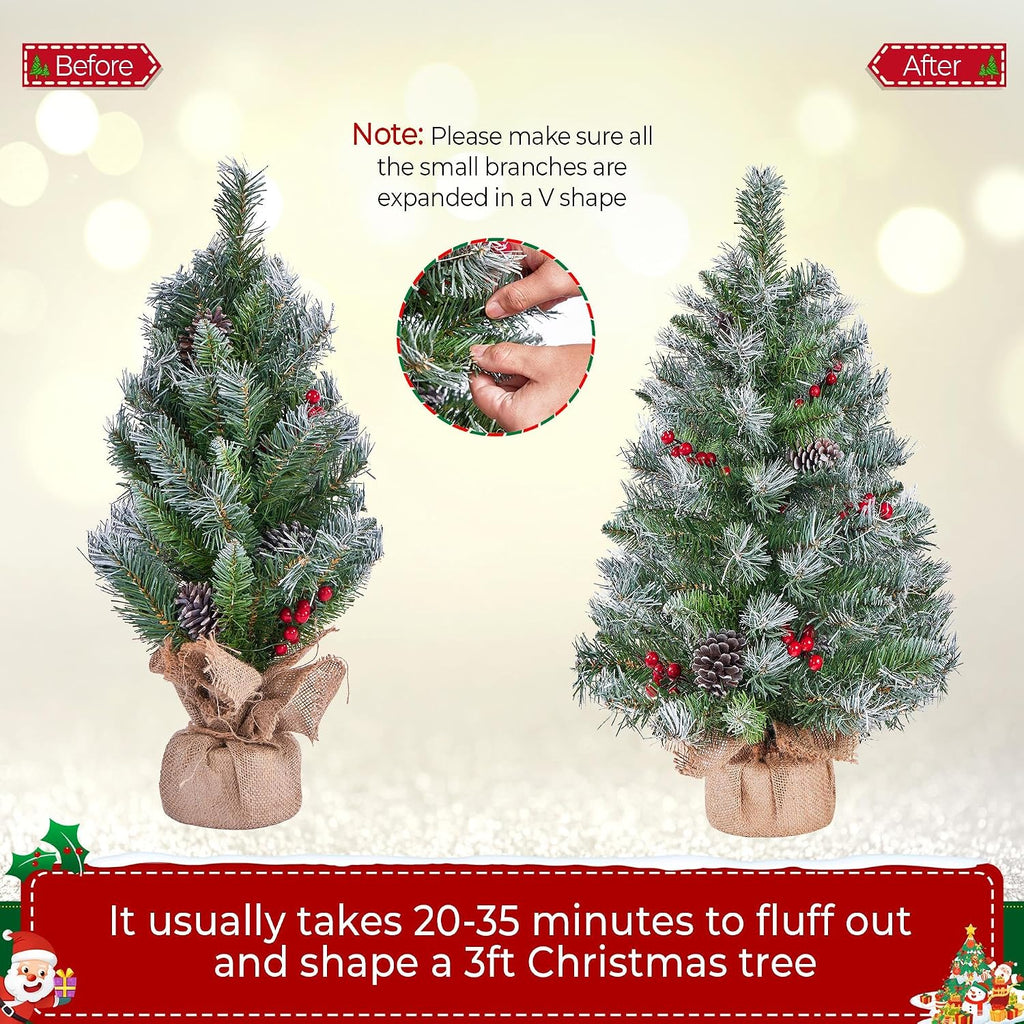 Set of 2 3ft Pre-Lit Tabletop Mini Christmas Trees with Berries
