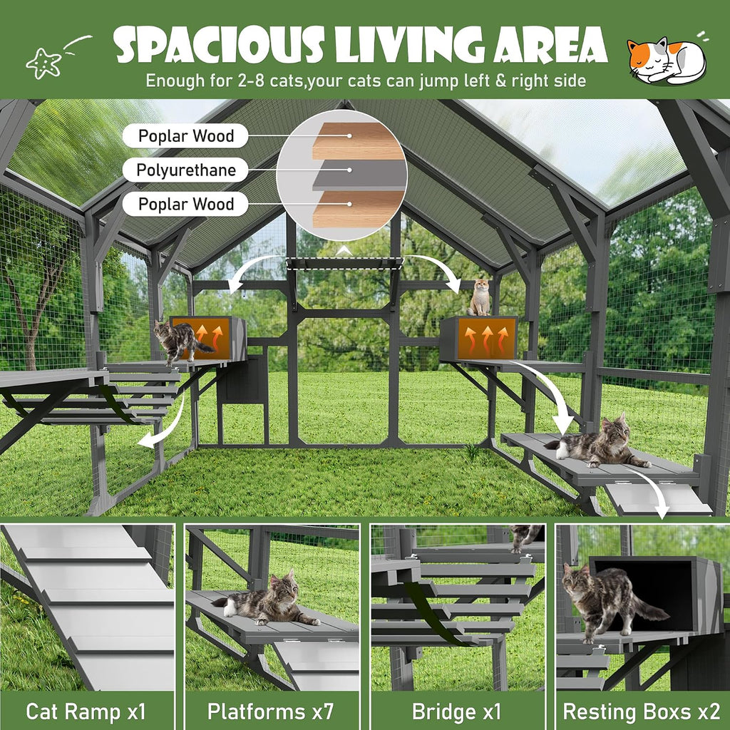 Large Outdoor Catio Cat Enclosure, 96 x 74 x 74 in Walk-in Pine Wood Cat House with 7 Platforms, 2 Resting Boxes