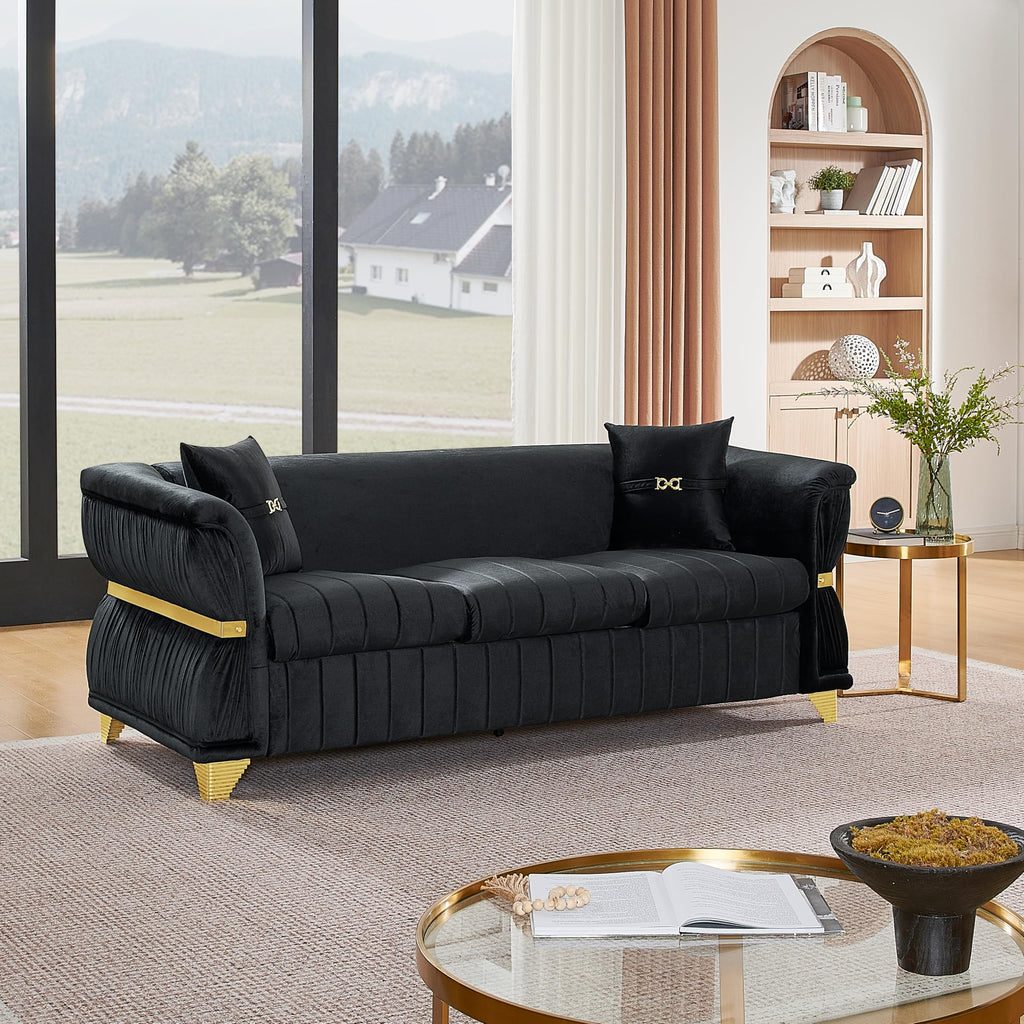84" Luxury Oversized Chesterfield Sofa with 2 Pillow & Gold Stainless Decoration, Modern 3-Seater Couch with Rolled