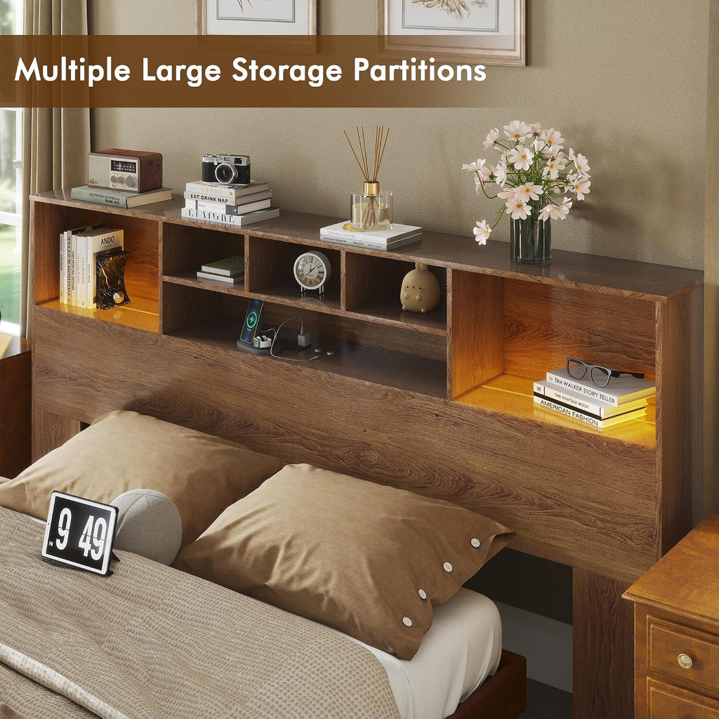 King Headboard Only, King Bookcase Headboard with Charging Station, Storage Wooden Head Board with USB & 2 Power
