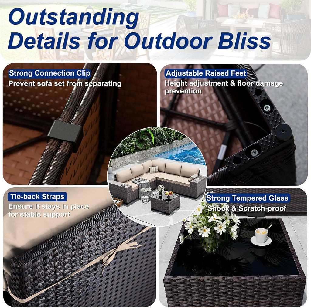 Outdoor Patio Furniture Set, 6 Pieces Outdoor Sectional Furniture High Backrest Patio Sofa, All-Weather PE Rattan