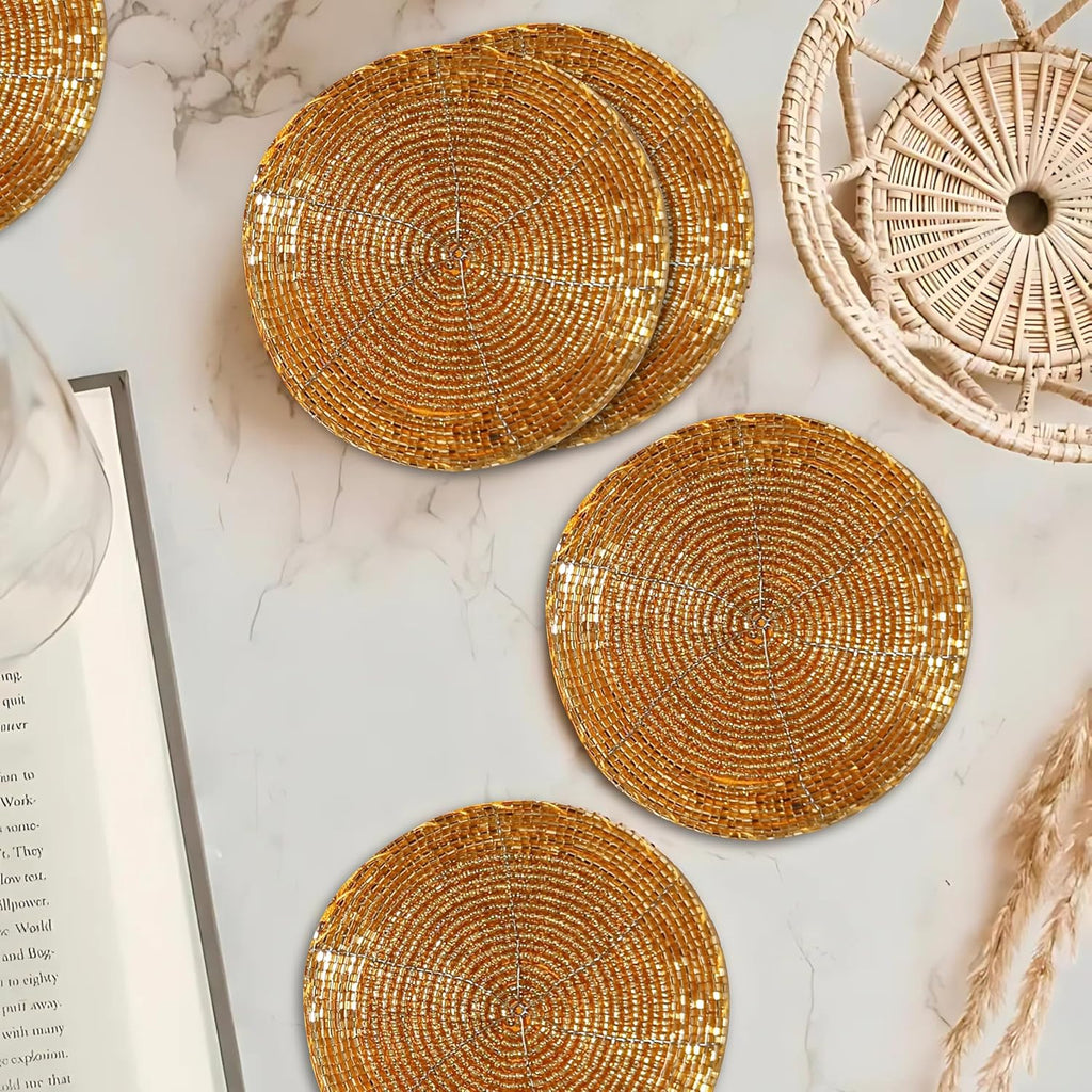 Beaded Farmhouse Coasters - 4" Round Boho Drink Coasters, Absorbent Table Décor for Bar, Parties, Fall, Gold - Set of 4