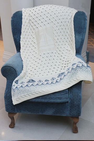 Woollen Mills Irish Blanket 100% Throw Honeycomb Knit Couch Sofa Made in Ireland 42" x 62" Natural