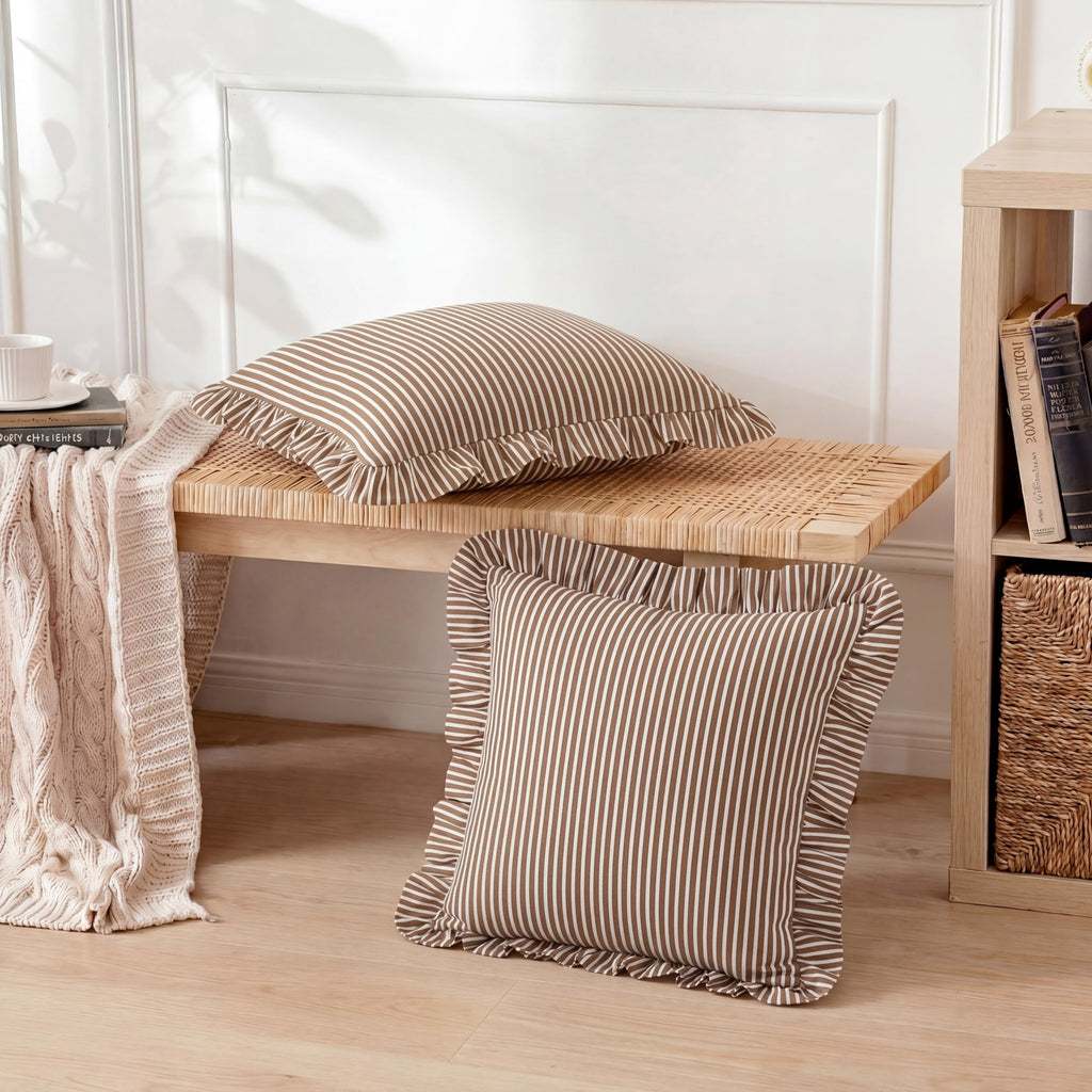 2 Pack Brown White Striped Ruffle Pillow Covers 18x18