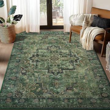Vintage Dark Green Area Rugs 5x7 for Living Room, Tranditional Distressed Medallion Printed Low Pile Thin Rugs for Bedroom, Non Slip Washable Carpet Rugs for Dining Room/Kitchen/Home Office