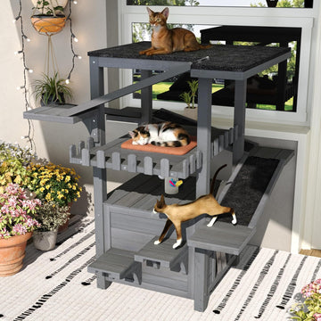 4 Tiers Outdoor Cat House, Weatherproof Wood Cat Tree Tower with Waterproof Roof and 2 Doors, Cat Climbing Tower