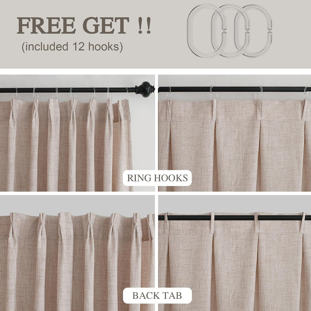 Camel Linen-Like Pinch Pleated Shower Curtain, 72 Inch Wide, Fabric Bathroom Curtain with Memory Shape, Modern
