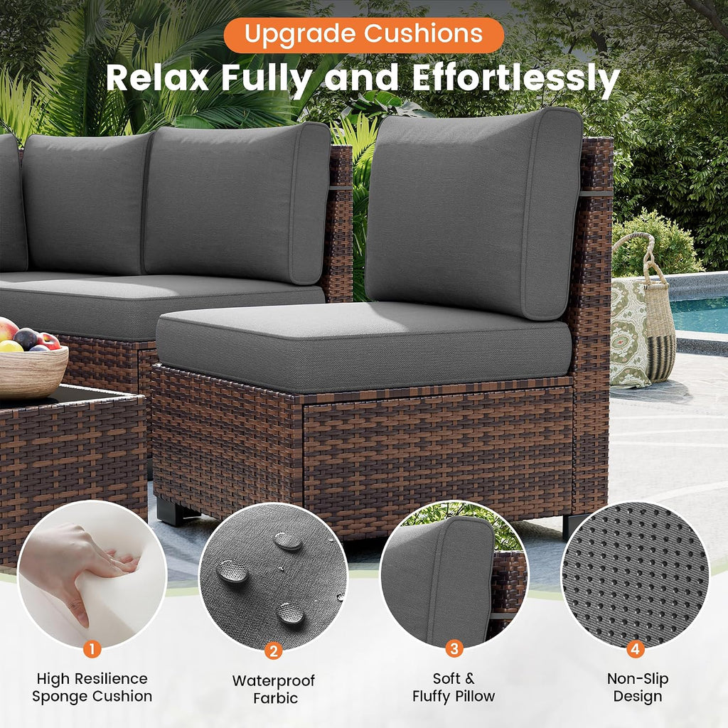 6-Piece Patio Furniture Set, 8 Inch Armrest, 4" Thick Cushion | L Shape Modular Sectional Sofa w/ Glass Coffee Table