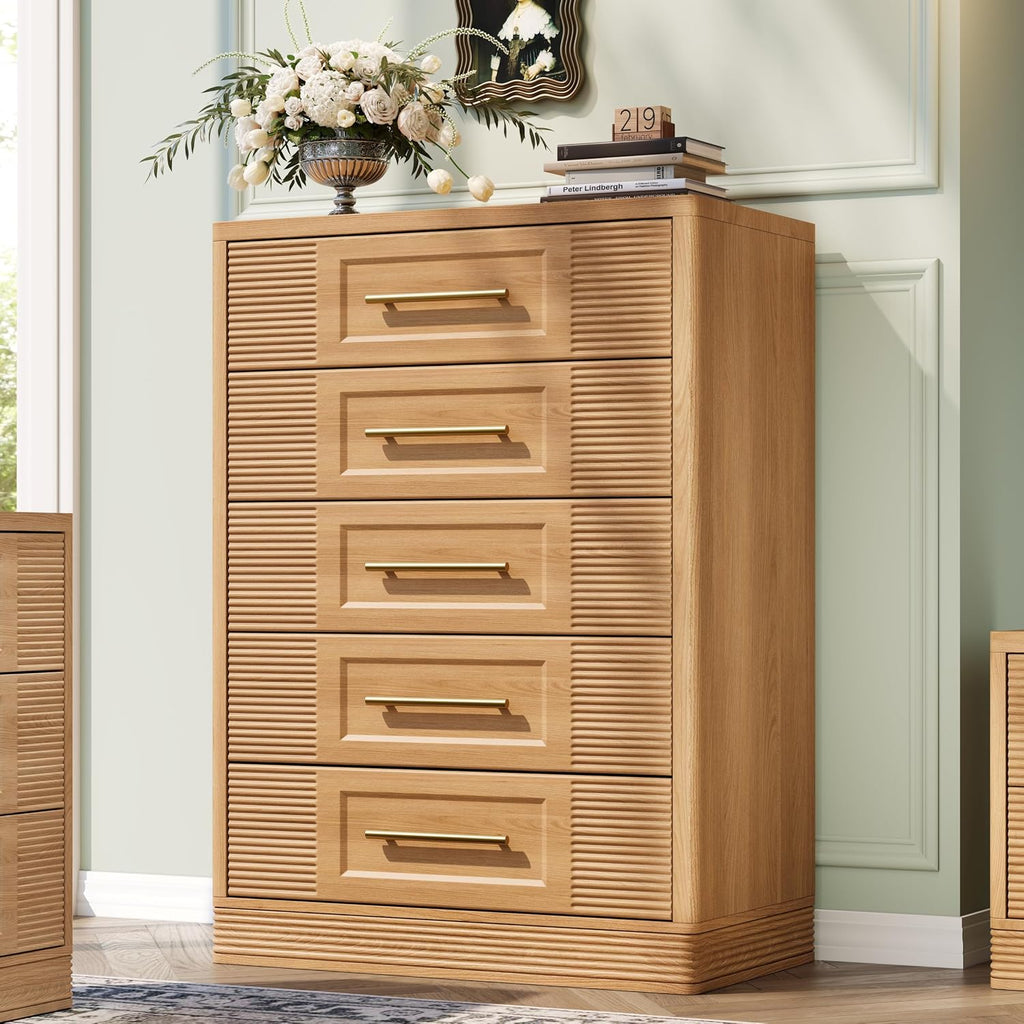 Farmhouse 5 Drawers Dresser , 44" Tall Modern Chest of Drawers, Wooden Curved Dresser Organizer , Natural Oak