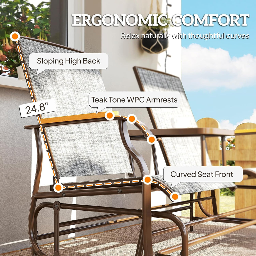 2 Person Outdoor Glider Bench Breathable Mesh Gray | Patio Swing Glider Chair Loveseat, Table, Steel Frame, Garden