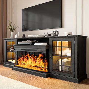 80'' Fireplace TV Stand, Farmhouse Entertainment Center with 3 Sided Glass TV Stand, Modern Media Console Table with