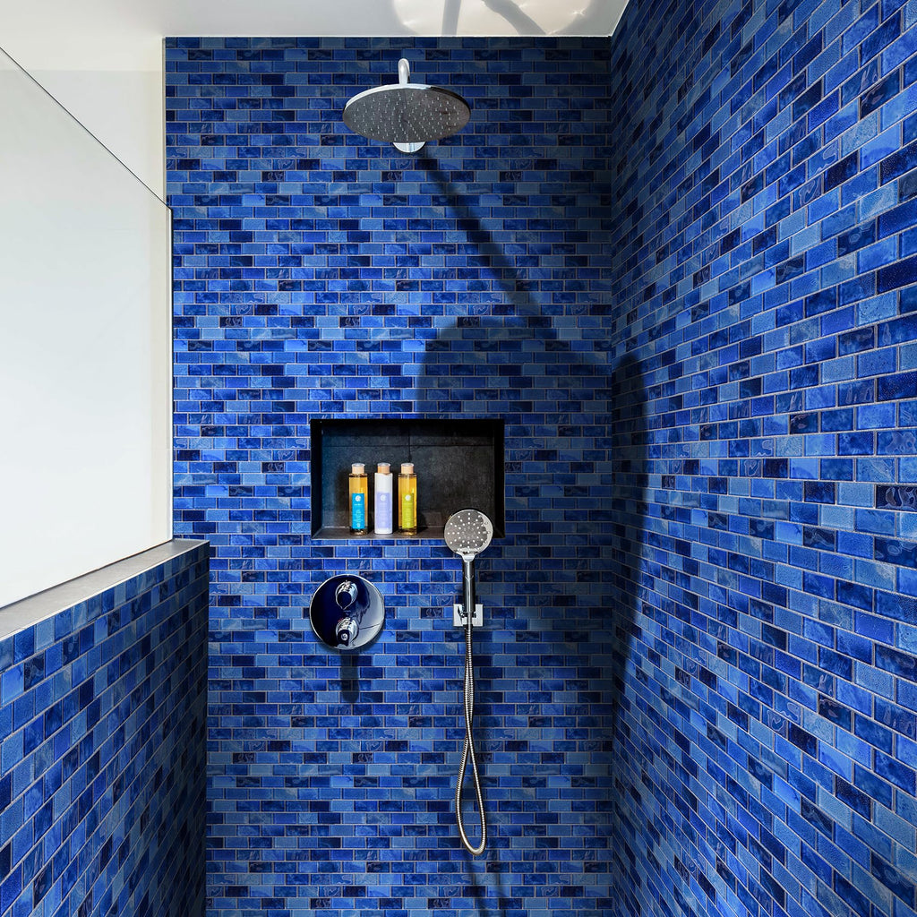 Glass Backsplash Linear Mosaic Wall Tiles, 5-Sheet Glass Tiles Bathroom Swimming Pool Shower Tiles (Dark Blue, 4.8