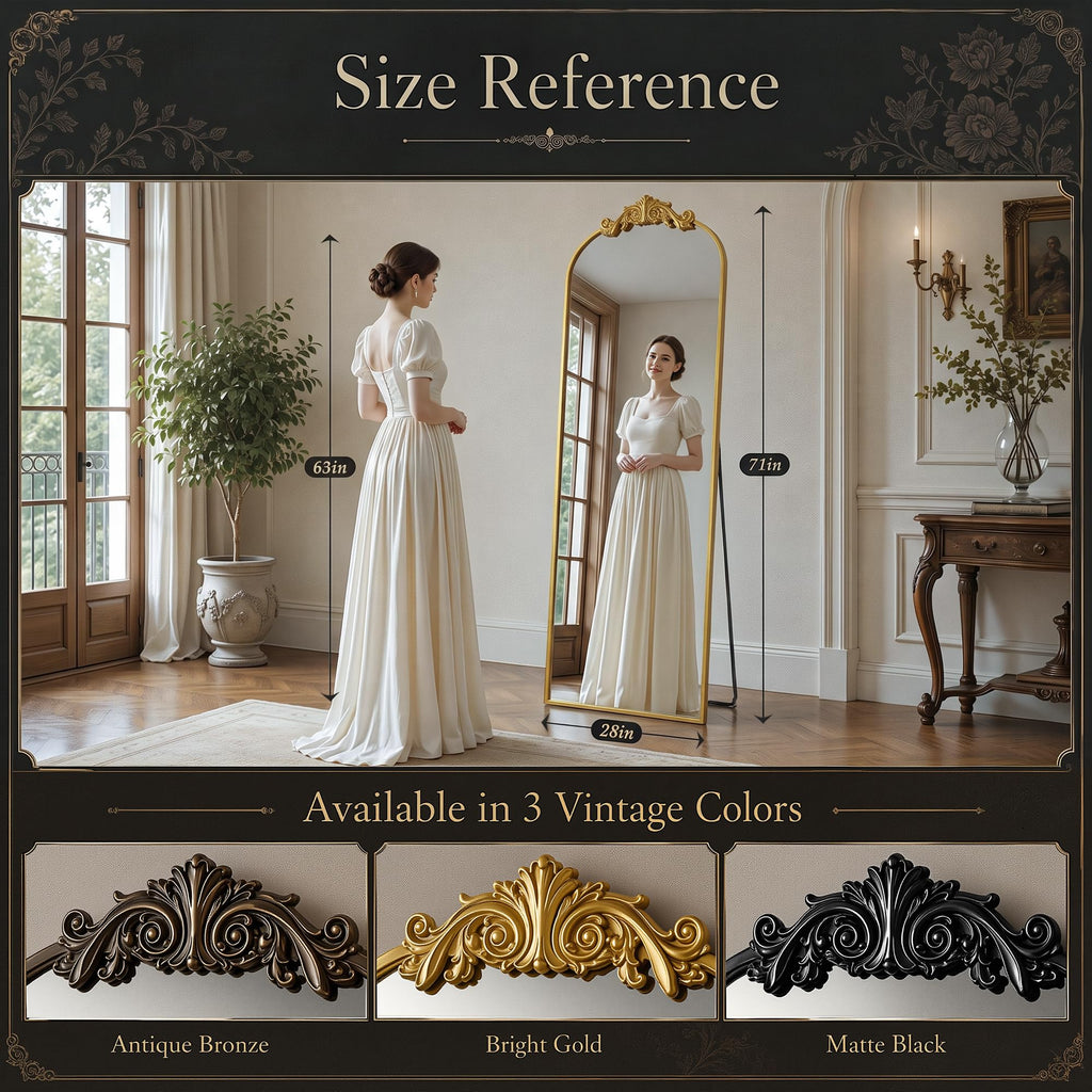 Arched Full Length Mirror, 71"x28" Floor Mirror with Carved, Gold