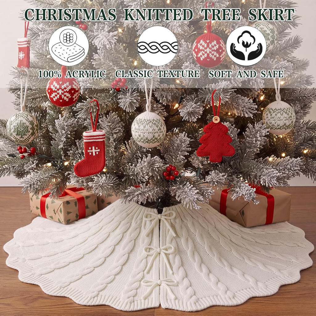 48 Inch Chunky Cable Knit Christmas Tree Skirt Beige