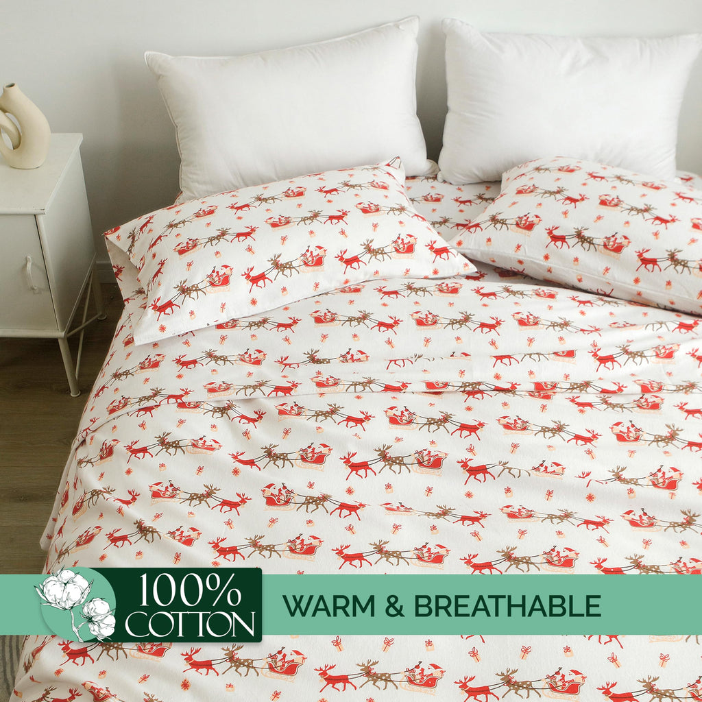 Holiday Christmas Flannel Sheet Set, Twin, Santa Sleigh