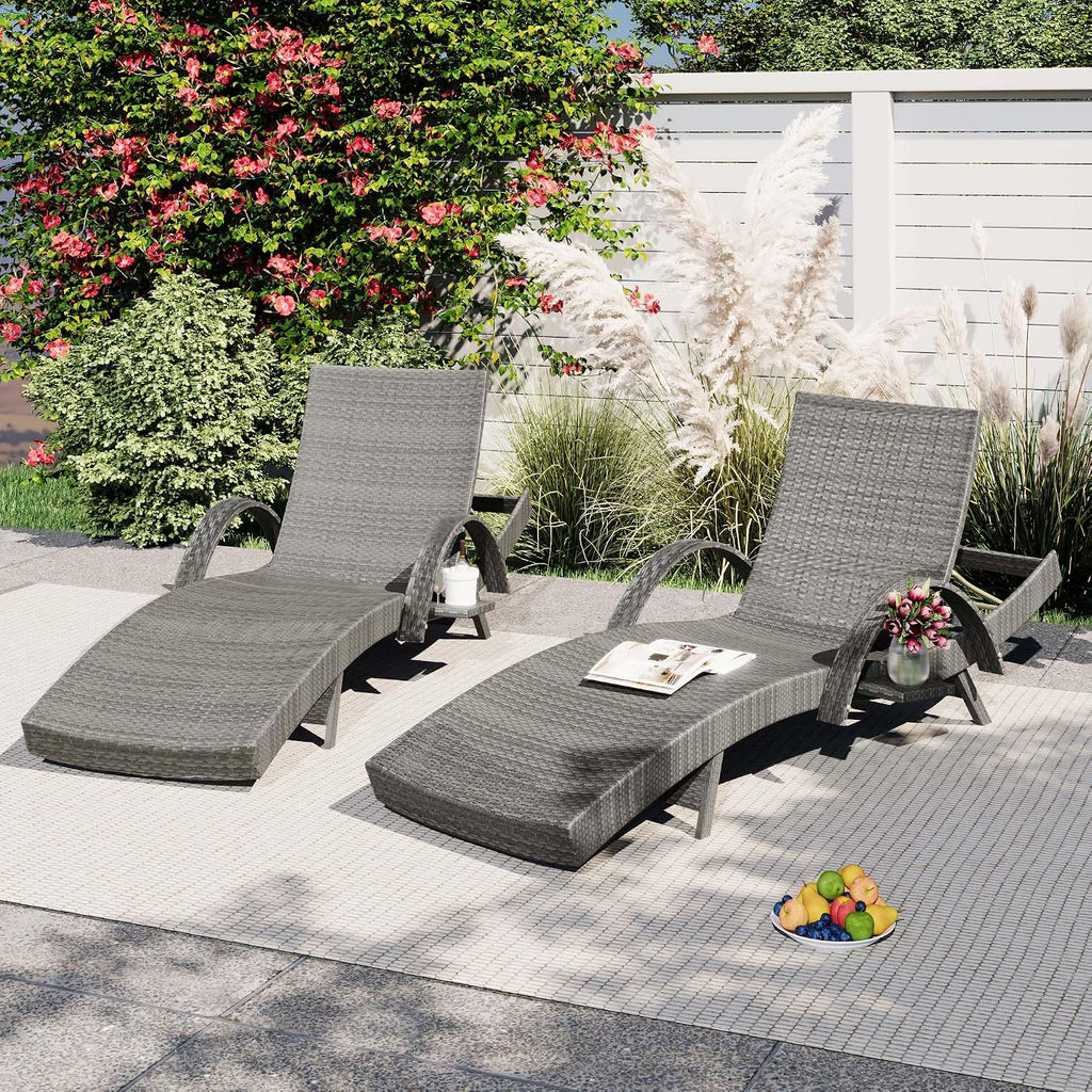 Chaise Lounge Outdoor Set of 2, Rattan Pool Loungers Chairs Set of 2 with Armrests & Pull-Out Side Table, Patio