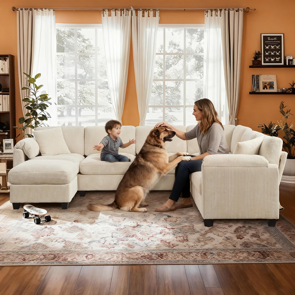 Corduroy Modular Sectional Sofa Couch (Beige, 113 Inch 7-Seater)