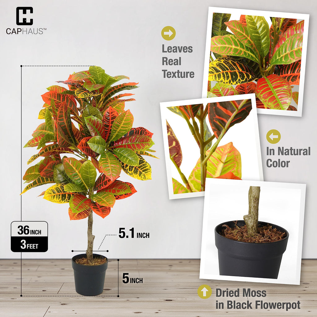 36 Inch Artificial Croton Tree Potted Plant - UV Resistant Faux Topiary Plant, Low Maintenance Realistic Indoor