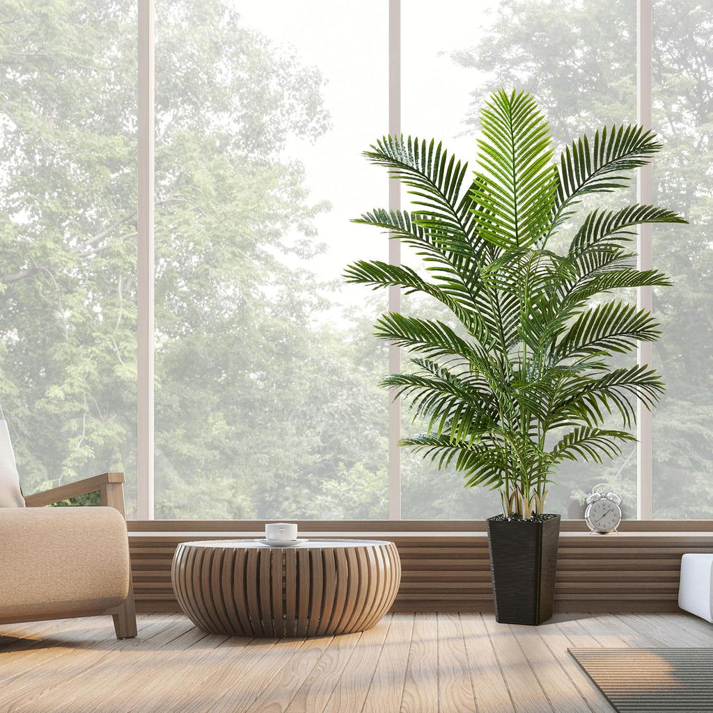 Artificial Palm Tree:6FT Tall Fake Areca Palm Plant (Black Planter)
