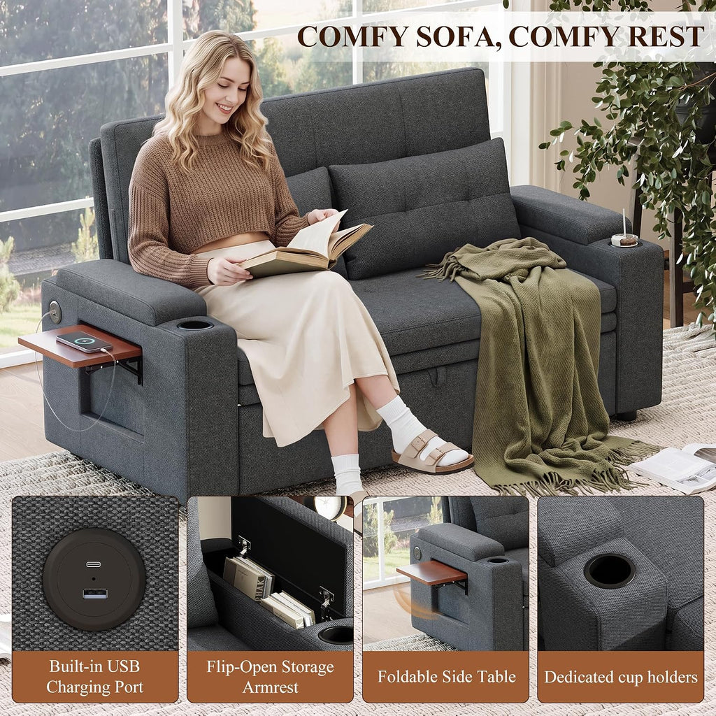65'' Convertible Futon Sofa Bed, Fabric Pull Out Couch, Dark Grey | 3-in-1 Loveseat Sleeper Sofa with Adjustable