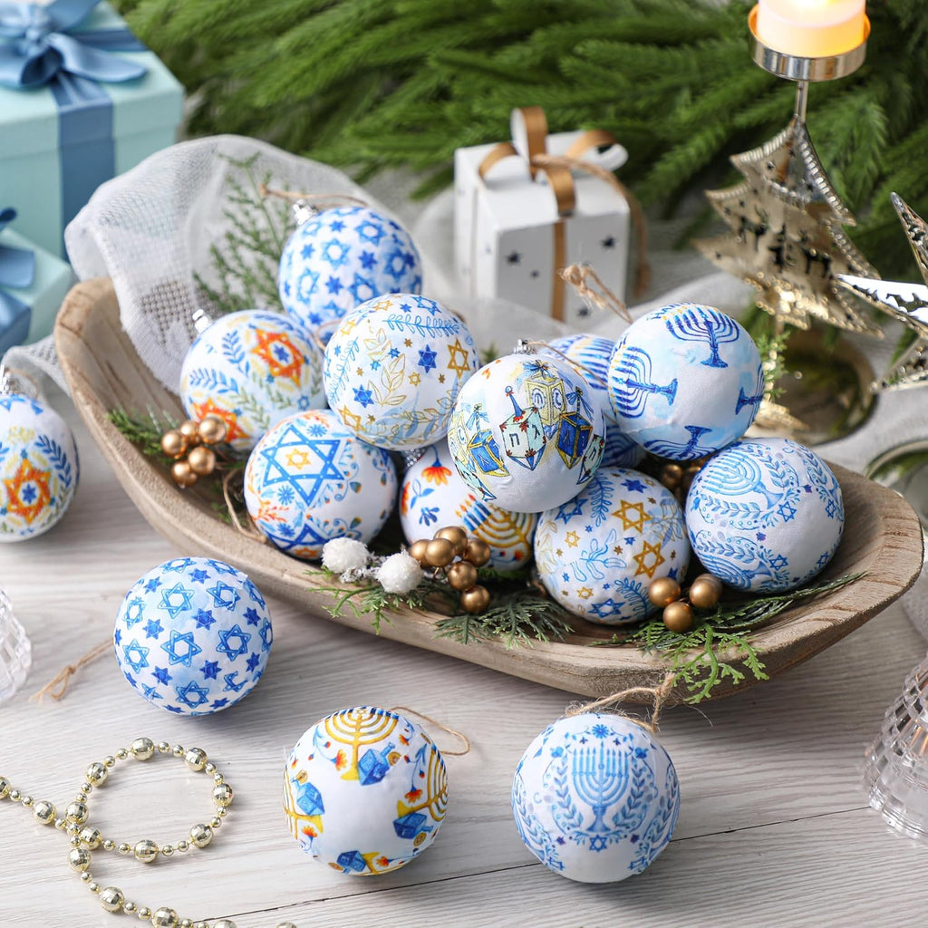 Hanukkah Ball Ornaments Hanukkah Hanging Ornament for Tree Blue and White Jewish Christmas Decorations - Set of 16