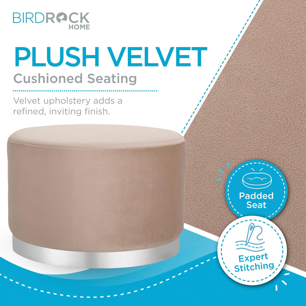 Large Round Velvet Ottoman Pouf - Soft Padded Foot Rest with Silver Trim - Upholstered Foot Chair, Coffee Table