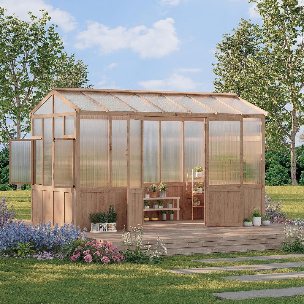 8X12 FT Wooden Greenhouse for Outdoor - Heavy Duty Walk-in Green House Kit with 6mm Polycarbonate, Lockable Door &