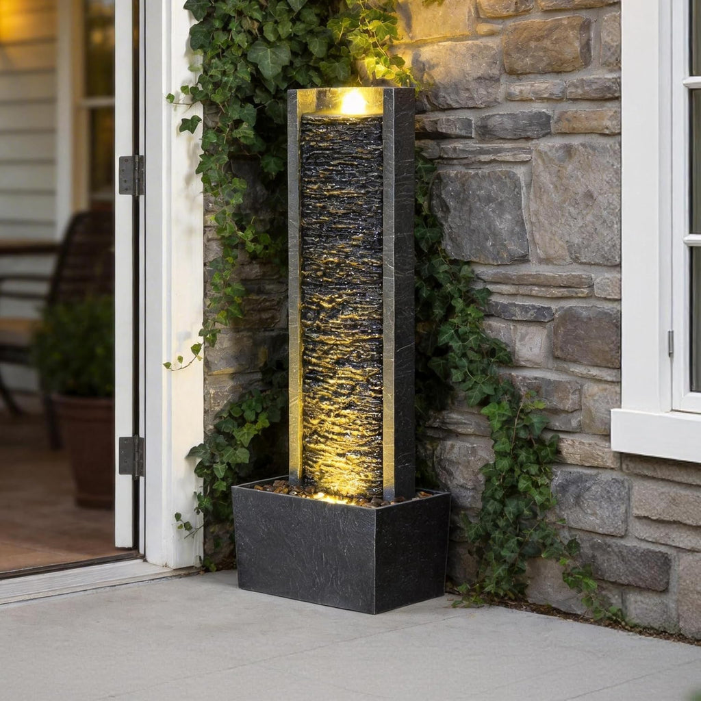 Outdoor Floor Standing Water Fountain with LED Lights, 36-Inch Modern Rectangular Cascading Waterfall Feature