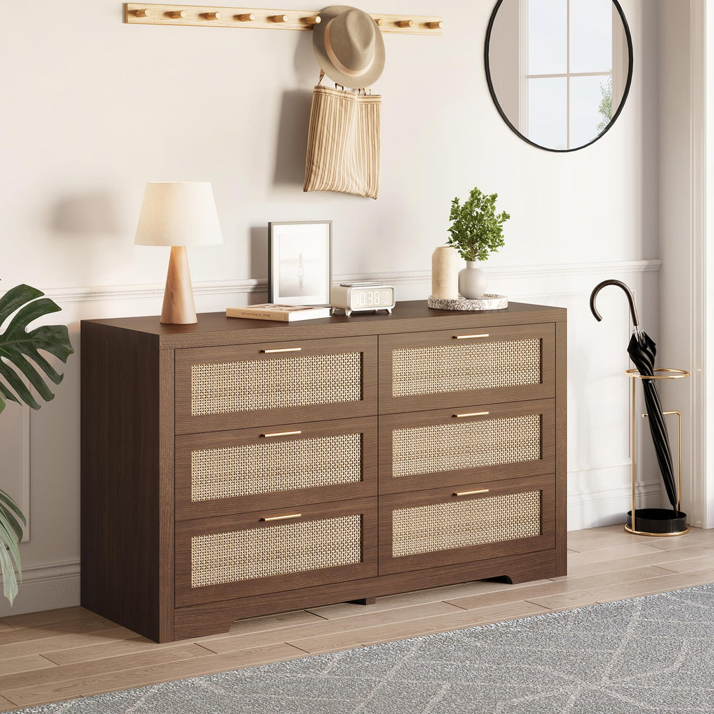 6 Drawer Rattan Dresser, Boho 47.2" Wide Wooden Chest of Drawers, Dresser TV Stand with Metal Handle, Large Storage