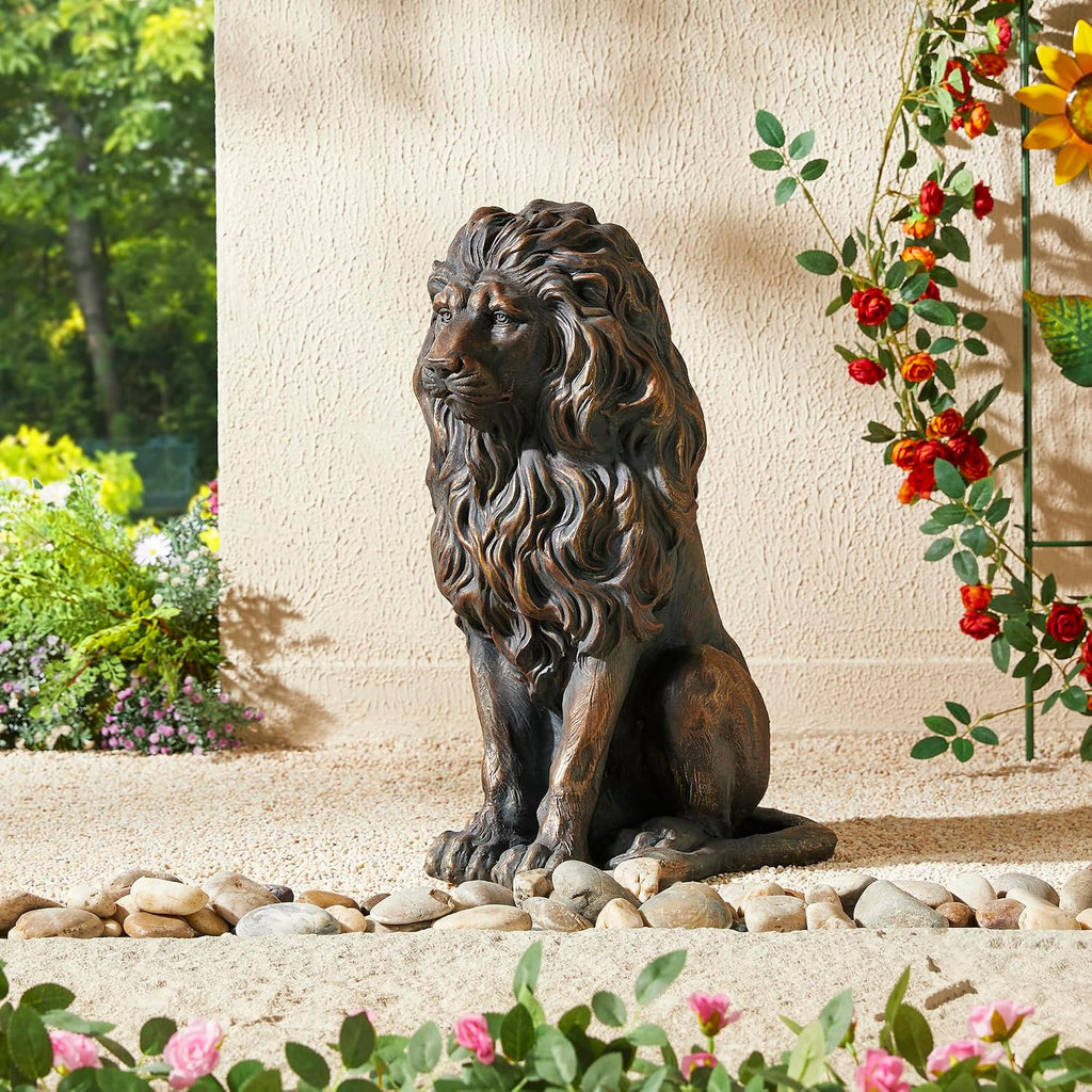 Guardian Sitting Lion Statue Regal Indoor and Outdoor Garden Sculpture Entrance Porch and Yard, 20.5in Tall, Bronze