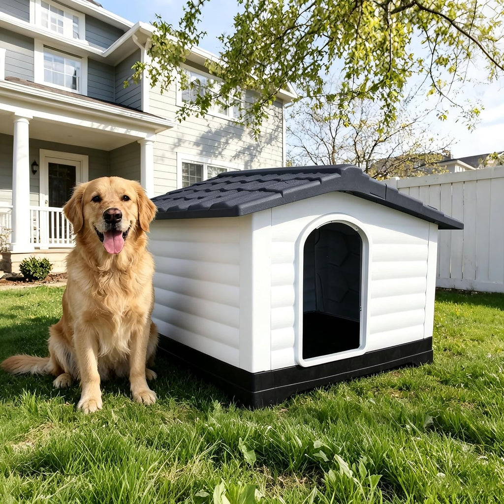 Compact 2-Door Dog House with Fold-Out Porch - Elevated Waterproof Kennel - Weatherproof, Easy Assembly, for Small &
