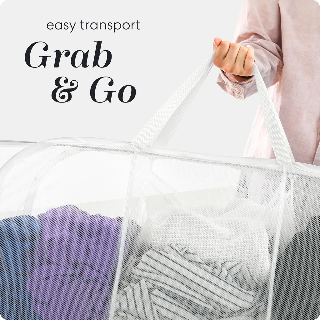 Collapsible Laundry Basket, 3-Compartment Mesh Laundry Sorter, Foldable Pop Up Hamper with Handles, Space-Saving