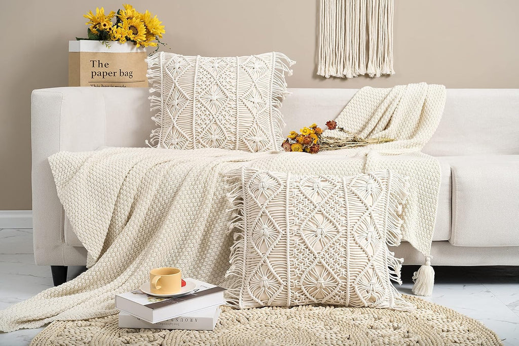 Macramé Pillow Cover- Set of 2 Boho Cushion Cover 100% Cotton Decorative Fringe Pillow Cover Boho Home Decor