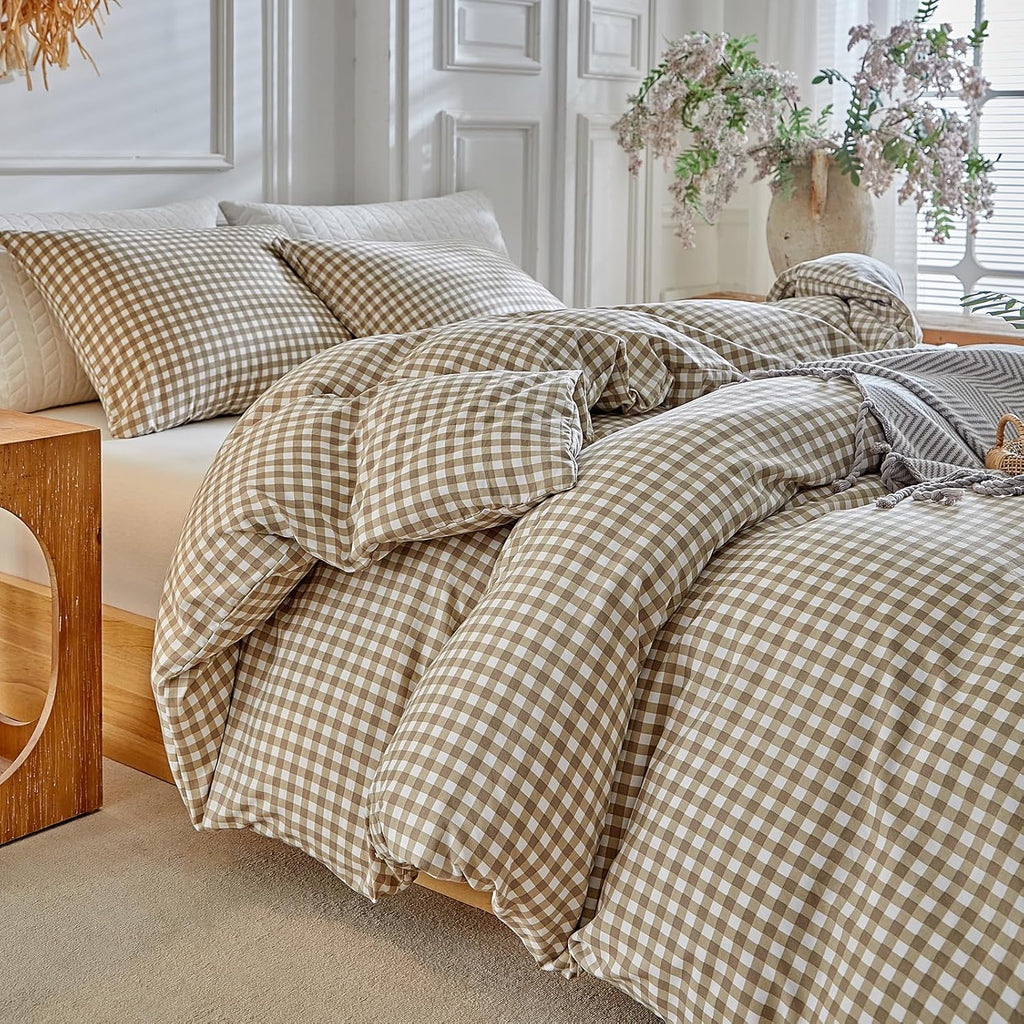 Grid King Duvet Cover Set - Tan Gingham Washed Microfiber Comforter Cover Set, 3 Pieces Plaid Checkered Soft