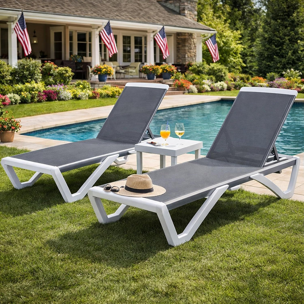 3-Piece Outdoor Chaise Lounge Set Fully Flat Adjustable Lounger | Aluminum Frame & Resin Legs, Textilene Fabric Gray