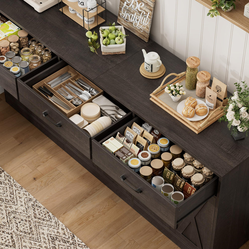 71"W Farmhouse Kitchen Sideboard Buffet Cabinet with Storage, Brown