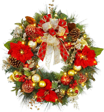 30 Inch Christmas Wreath, Pre-lit Christmas Wreaths for Front Door with 40 LED Lights Pine Cones Red Gold Balls