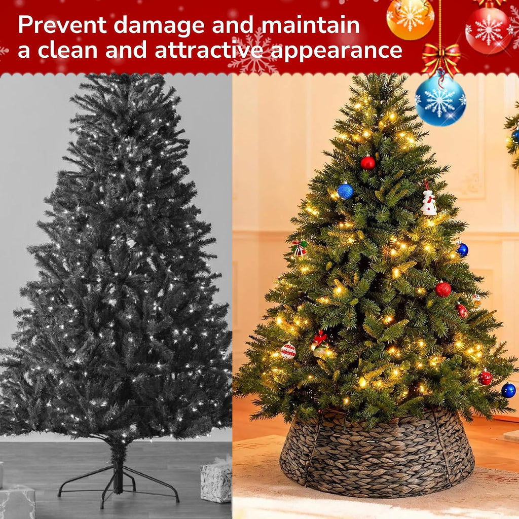Christmas Tree Collar, Tree Skirt, Woven Hyacinth Rattan 4-Panel Tree Collar w/Cord Access Hole & Easy Lock Design