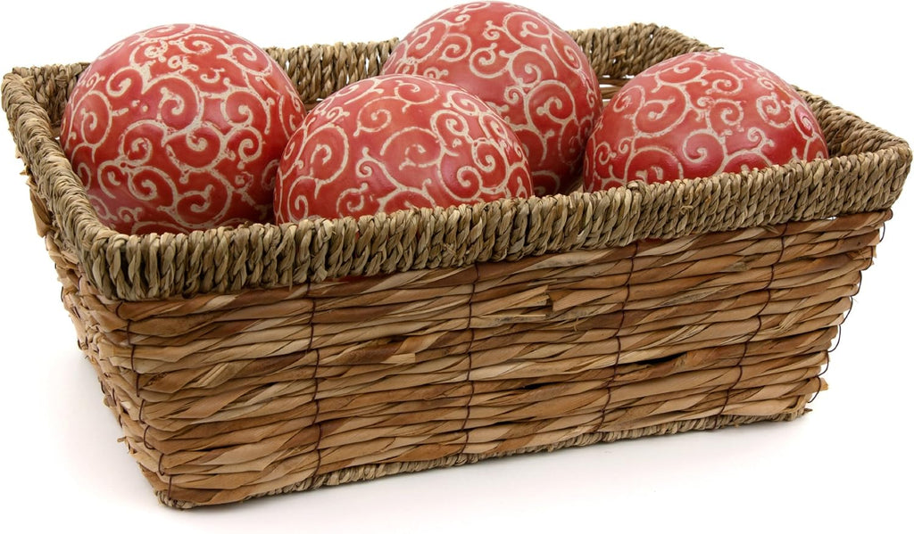4" Porcelain Ball Set Decorative Balls, Red and Beige Vines - Set of 4