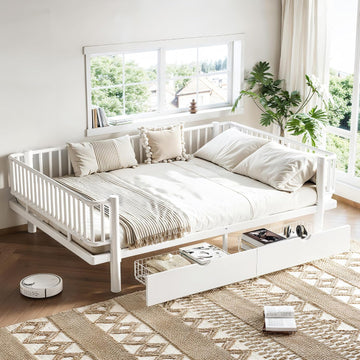 Metal Montessori Bed with Fence and Slats, Montessori Bed with Storage Drawers and Detachable Side Bed