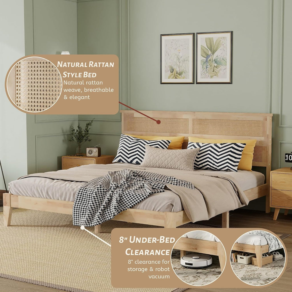 King Solid Wood Bed Frame with Interwoven Rattan Headboard, Rubber Wood Platform Bed with Underbed Storage Space