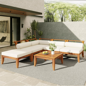 6 Piece Patio Sofa Set, Acacia Wood Outdoor Modular Sectional Garden Furniture Set, L-Shaped Conversation Set with